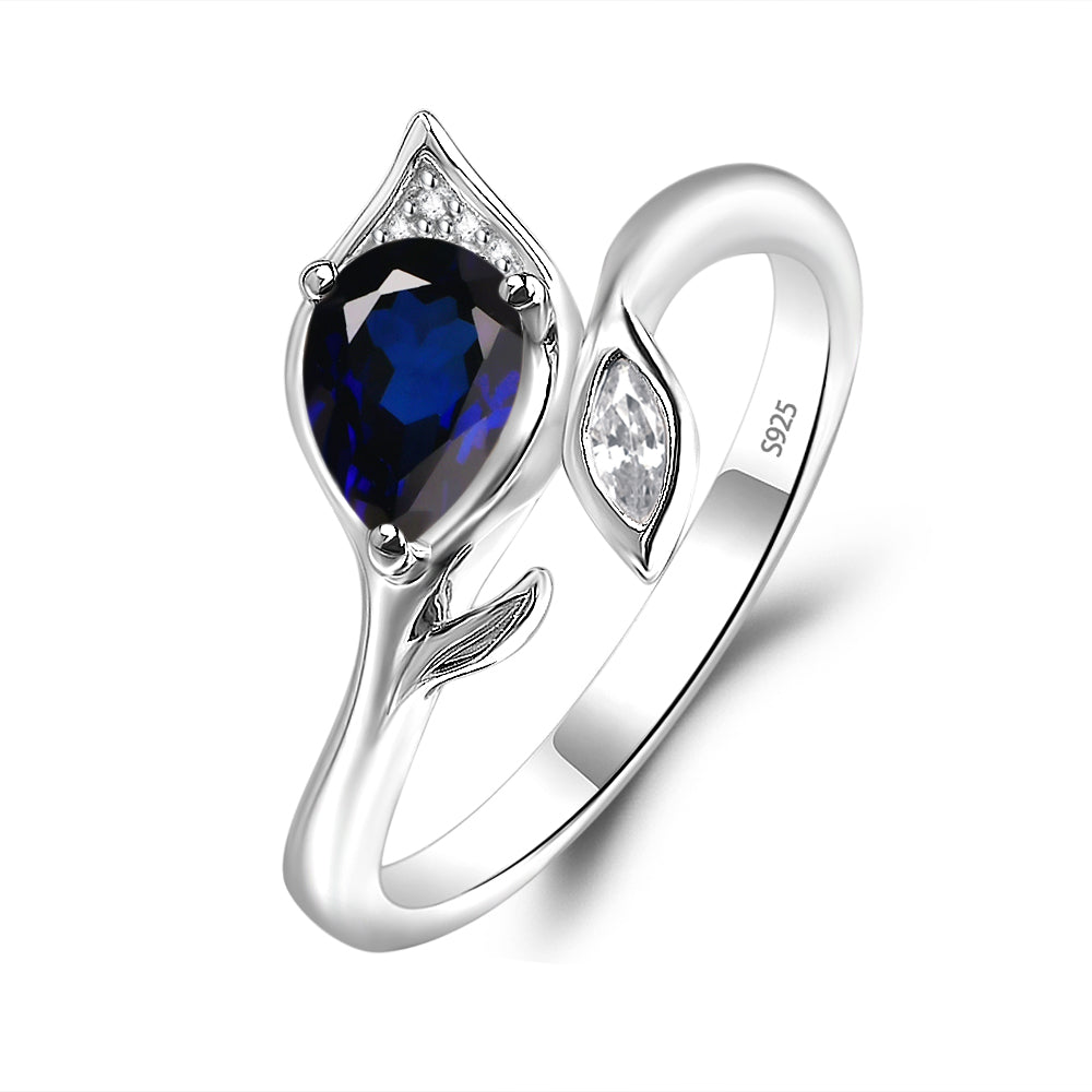 Pear Shaped Lab Sapphire Leaf Engagement Ring - LUO Jewelry