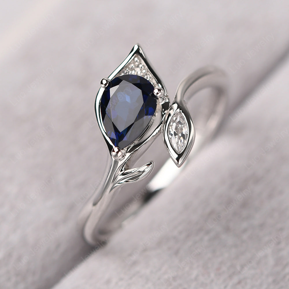 Pear Shaped Lab Sapphire Leaf Engagement Ring - LUO Jewelry