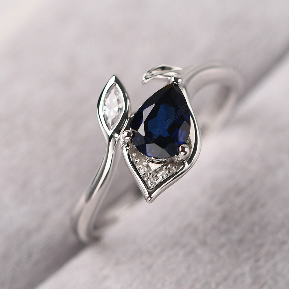 Pear Shaped Lab Sapphire Leaf Engagement Ring - LUO Jewelry