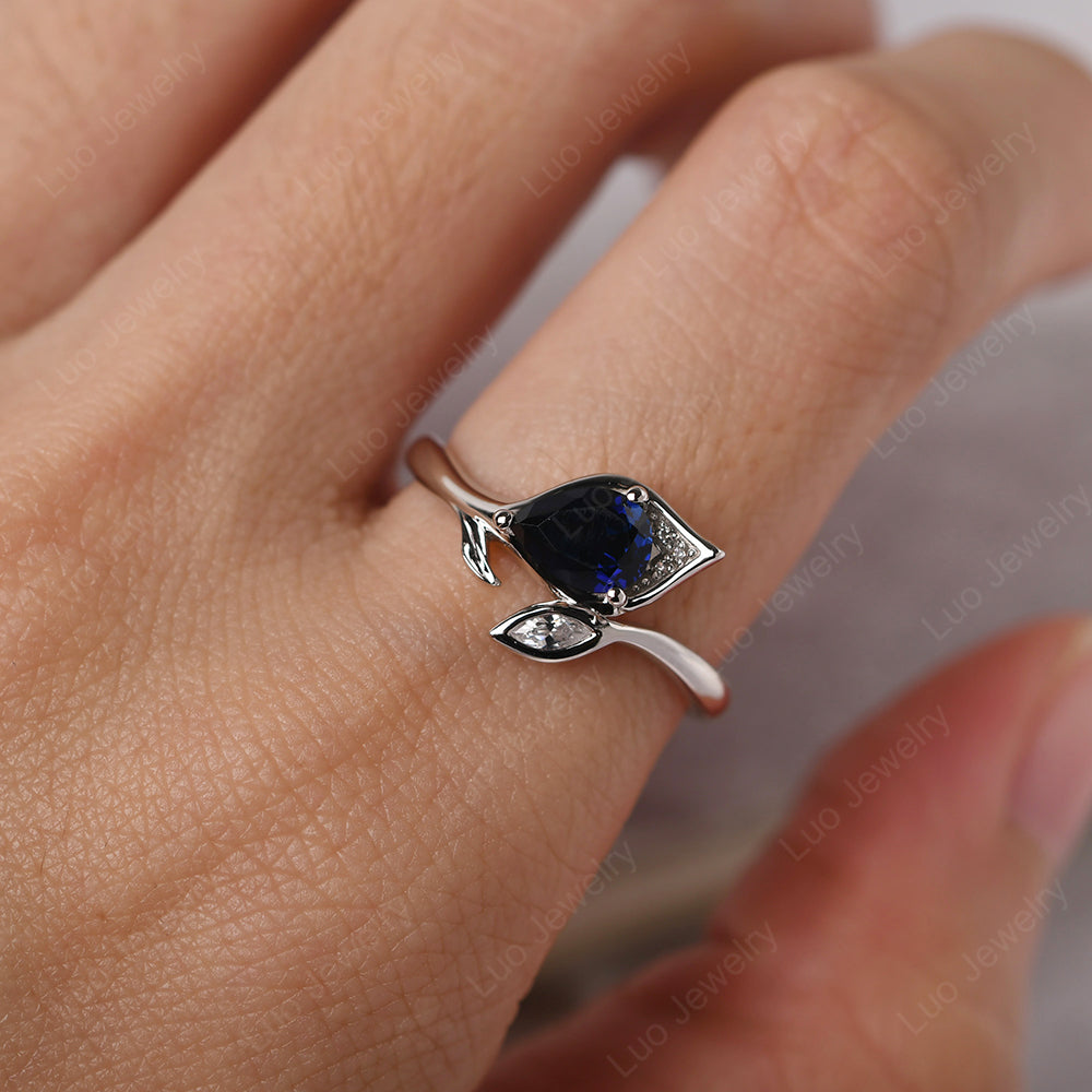 Pear Shaped Lab Sapphire Leaf Engagement Ring - LUO Jewelry
