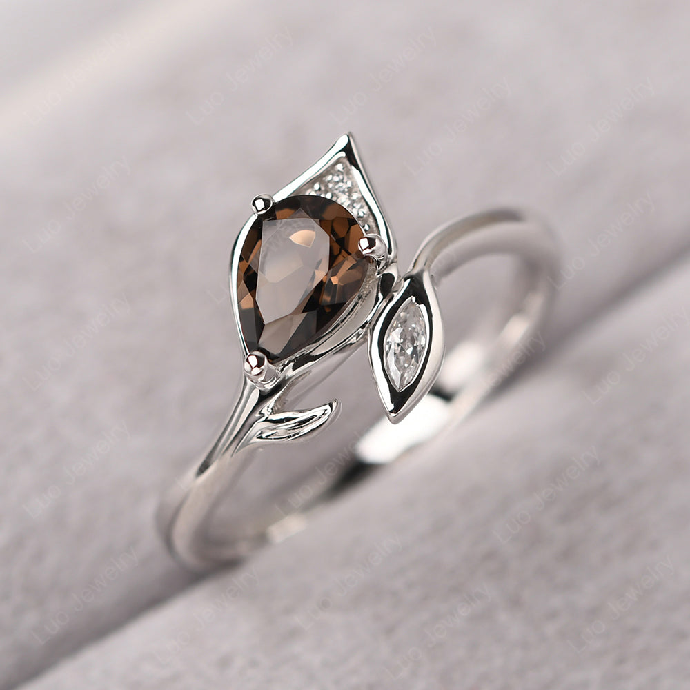 Pear Shaped Smoky Quartz  Leaf Engagement Ring - LUO Jewelry