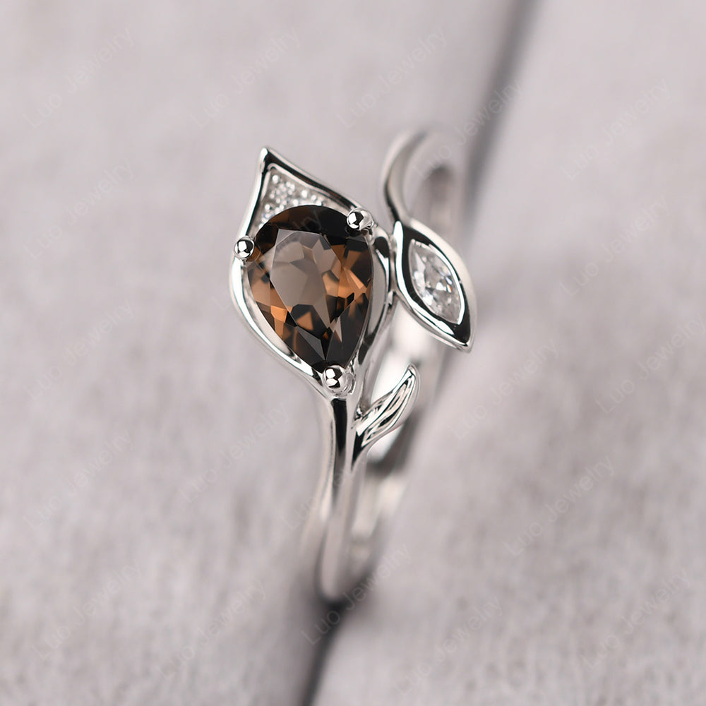 Pear Shaped Smoky Quartz  Leaf Engagement Ring - LUO Jewelry
