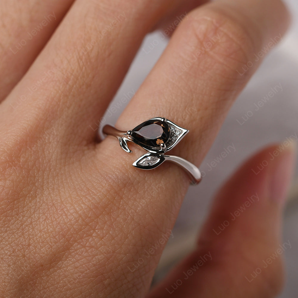 Pear Shaped Smoky Quartz  Leaf Engagement Ring - LUO Jewelry