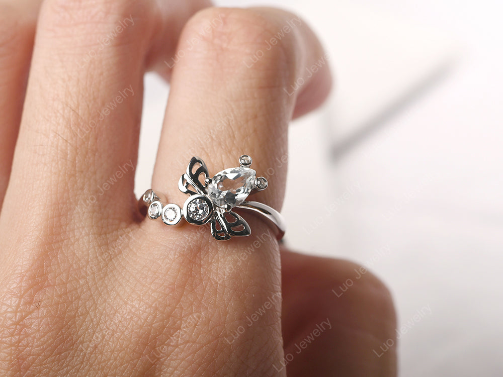 Dragonfly Ring White Topaz Engagement Ring - LUO Jewelry