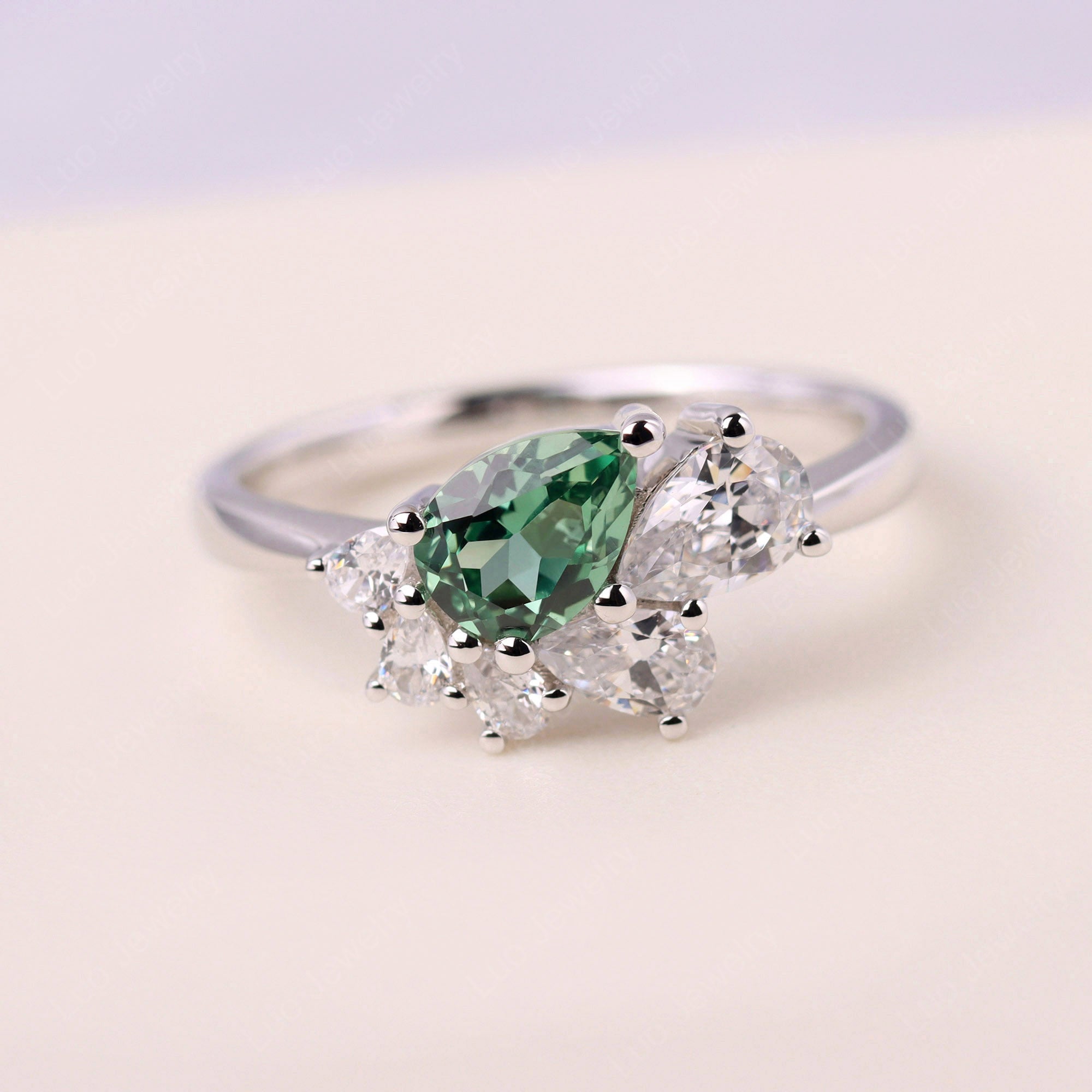 Pear Shaped Cluster Green Sapphire Mothers Ring