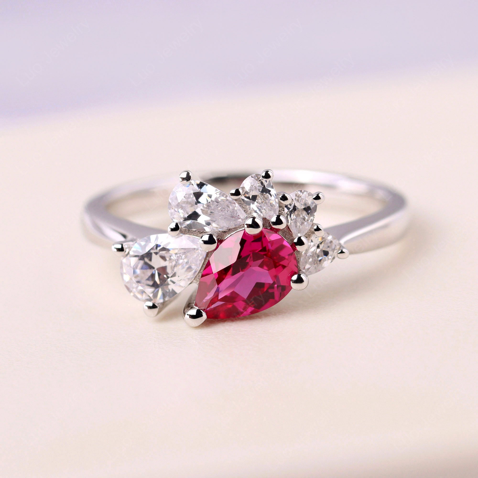 Pear Shaped Cluster Lab Ruby Mothers Ring