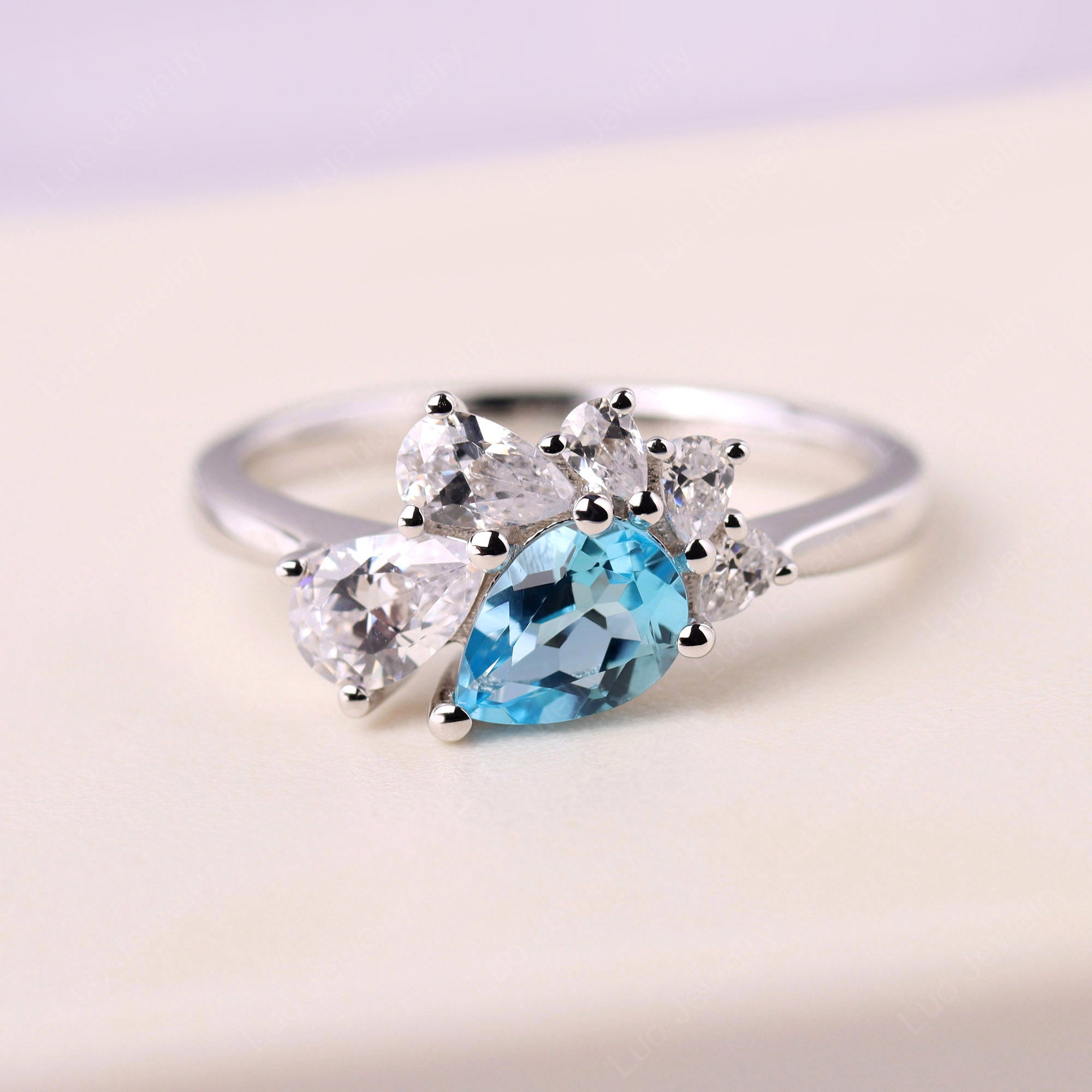 Pear Shaped Cluster Swiss Blue Topaz Mothers Ring