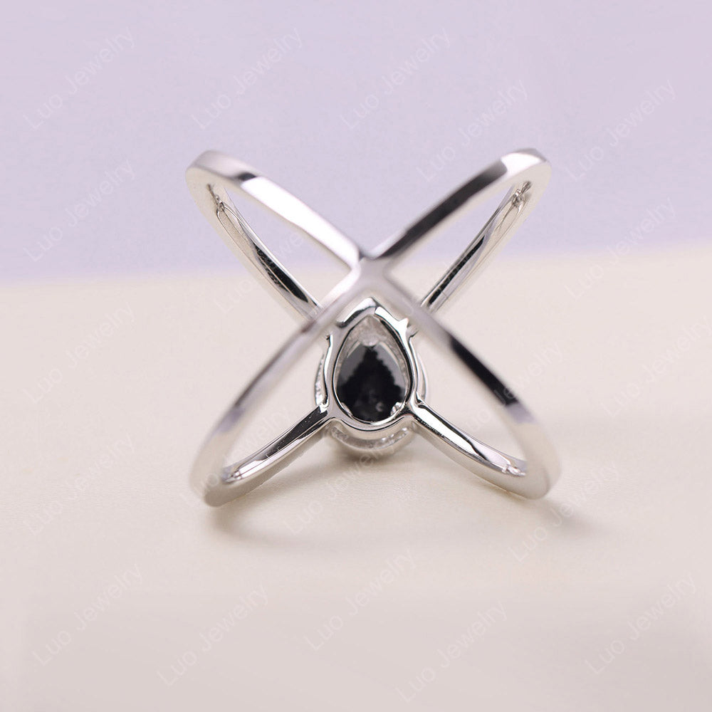 Pear Shaped Black Spinel Criss Cross Ring