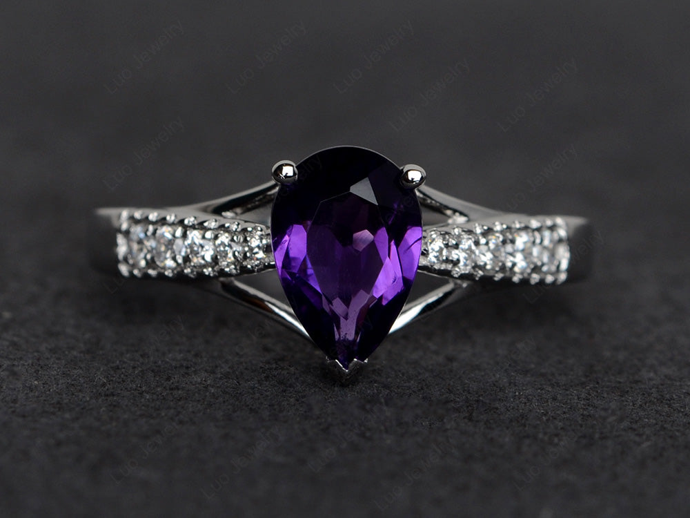 Pear Shaped Split Shank Amethyst Ring - LUO Jewelry