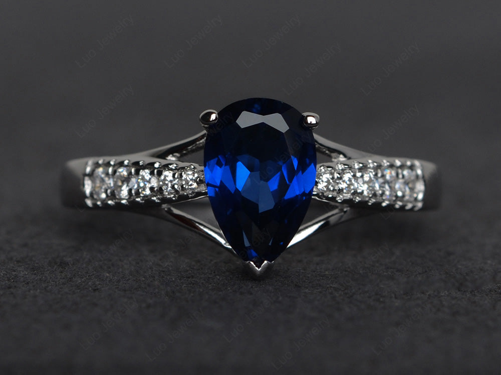 Pear Shaped Split Shank Lab Sapphire Ring - LUO Jewelry