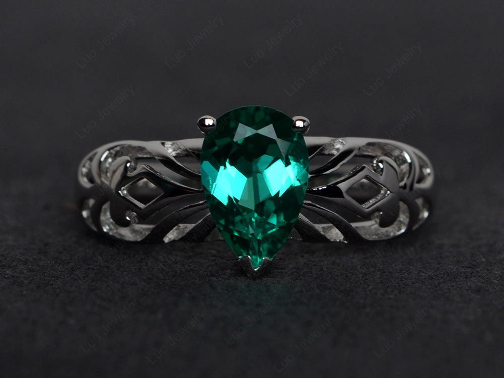 Vintage Lab Emerald Solitaire Ring Pear Shaped - LUO Jewelry