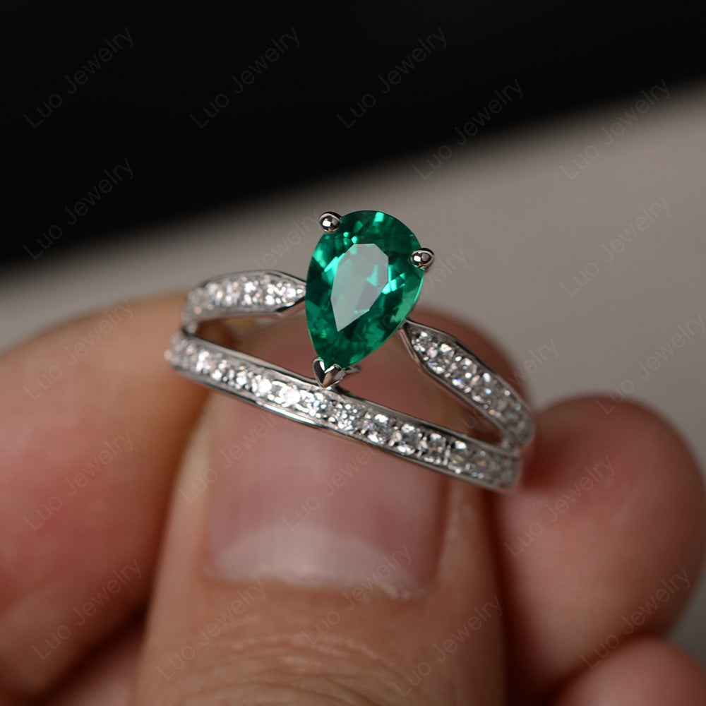 Pear Cut Lab Emerald Engagement Ring For Women - LUO Jewelry
