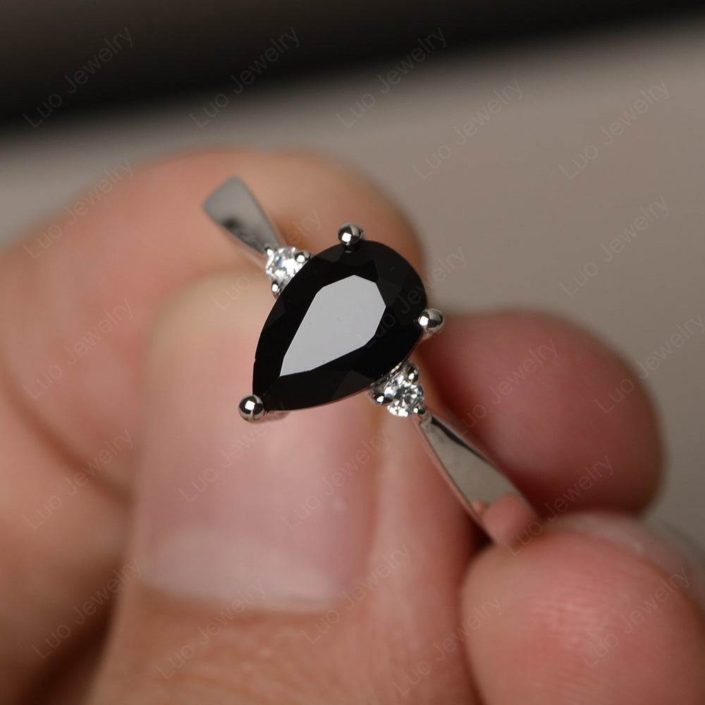 Simple Pear Shaped Black Stone Wedding Ring - LUO Jewelry