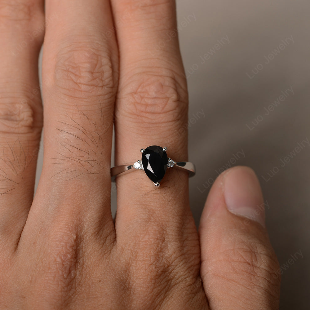Simple Pear Shaped Black Stone Wedding Ring - LUO Jewelry