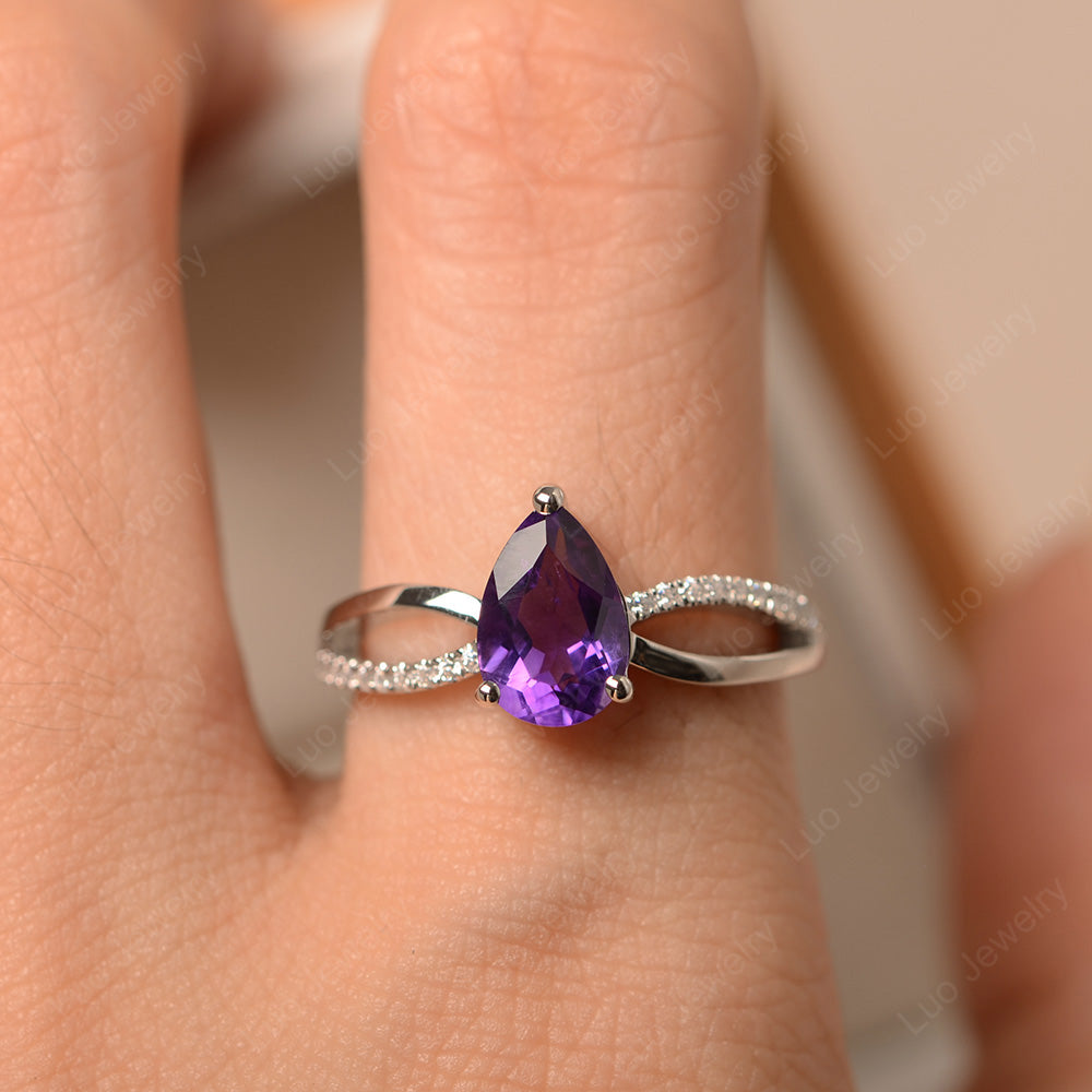 Pear Shaped Amethyst Ring Split Shank - LUO Jewelry