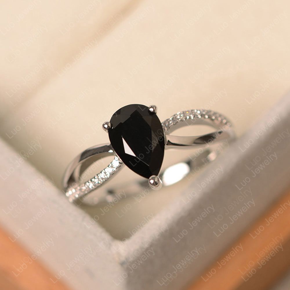 Pear Shaped Black Spinel Ring Split Shank - LUO Jewelry