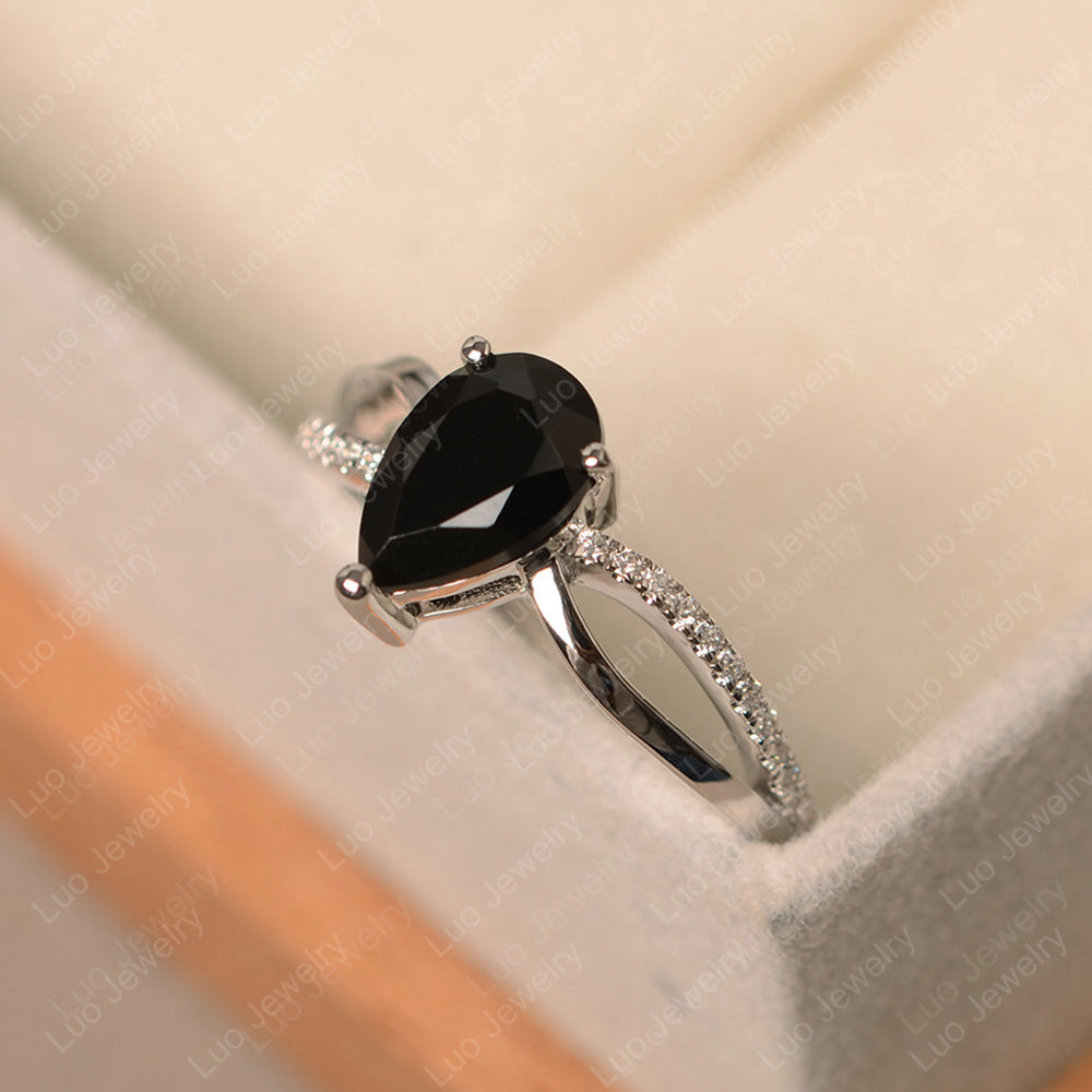 Pear Shaped Black Spinel Ring Split Shank - LUO Jewelry