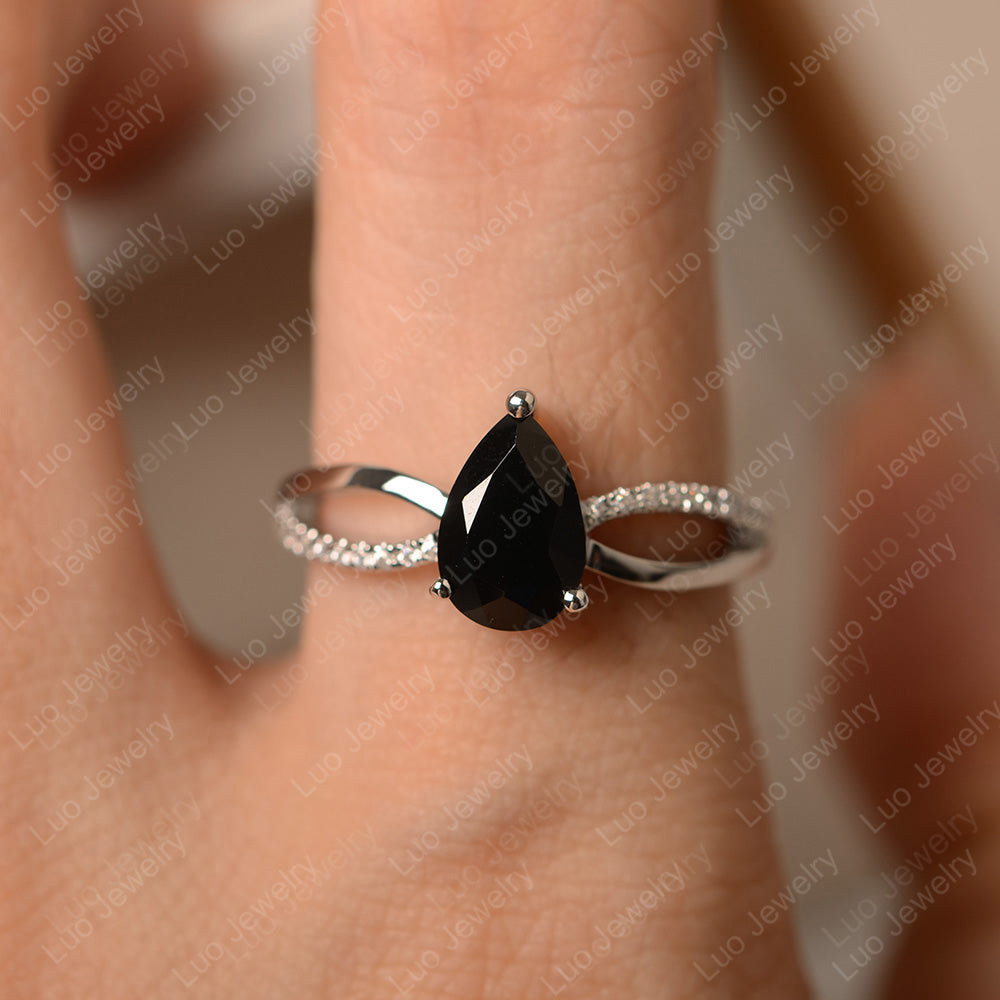 Pear Shaped Black Spinel Ring Split Shank - LUO Jewelry