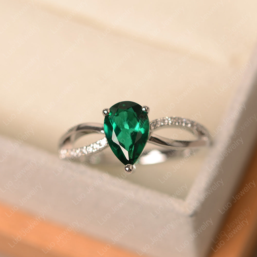 Pear Shaped Lab Emerald Ring Split Shank - LUO Jewelry