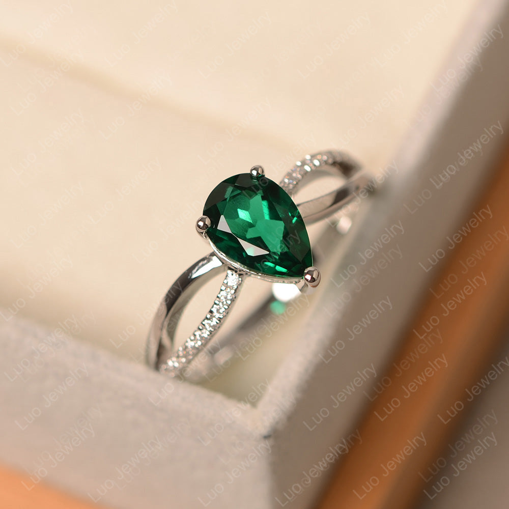 Pear Shaped Lab Emerald Ring Split Shank - LUO Jewelry