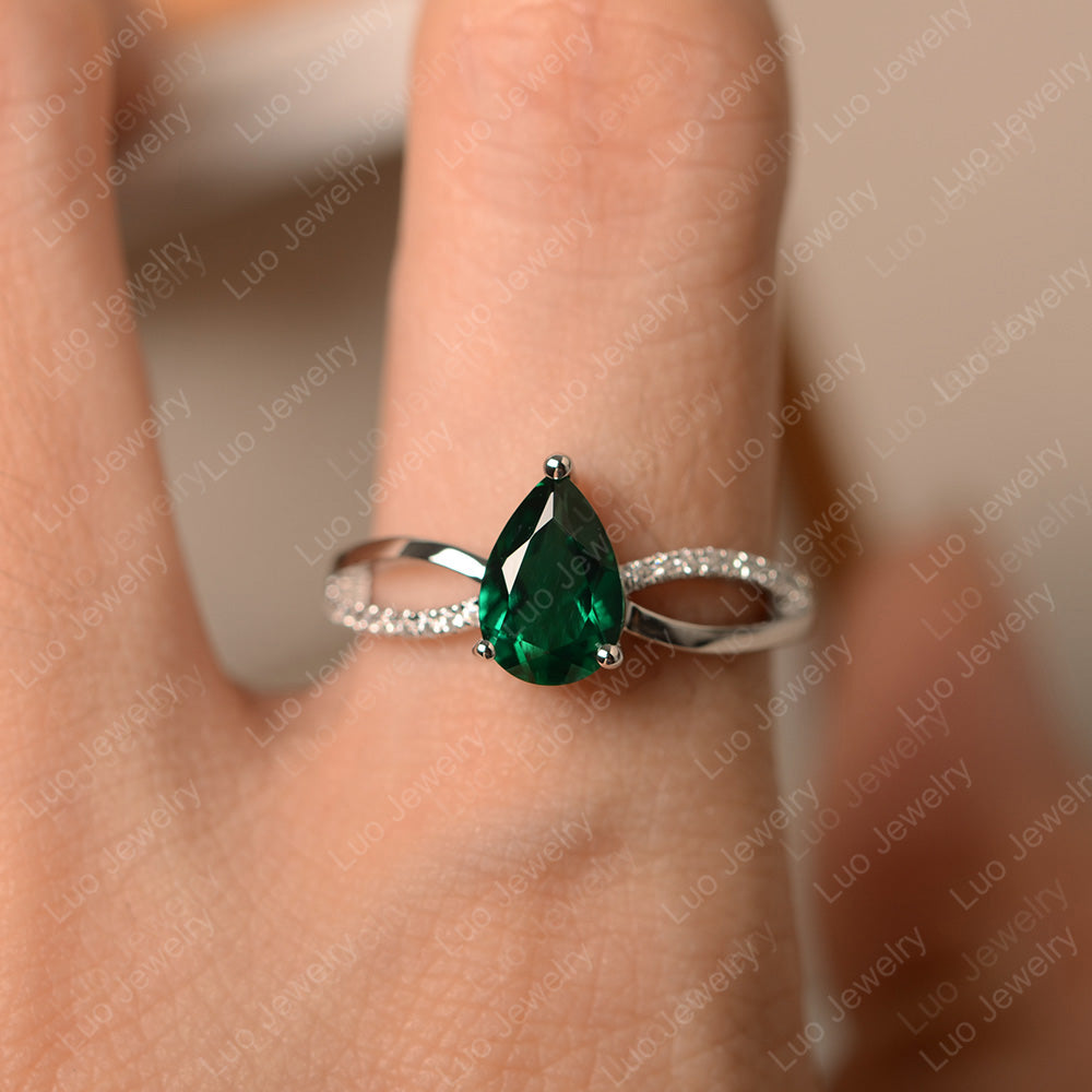 Pear Shaped Lab Emerald Ring Split Shank - LUO Jewelry