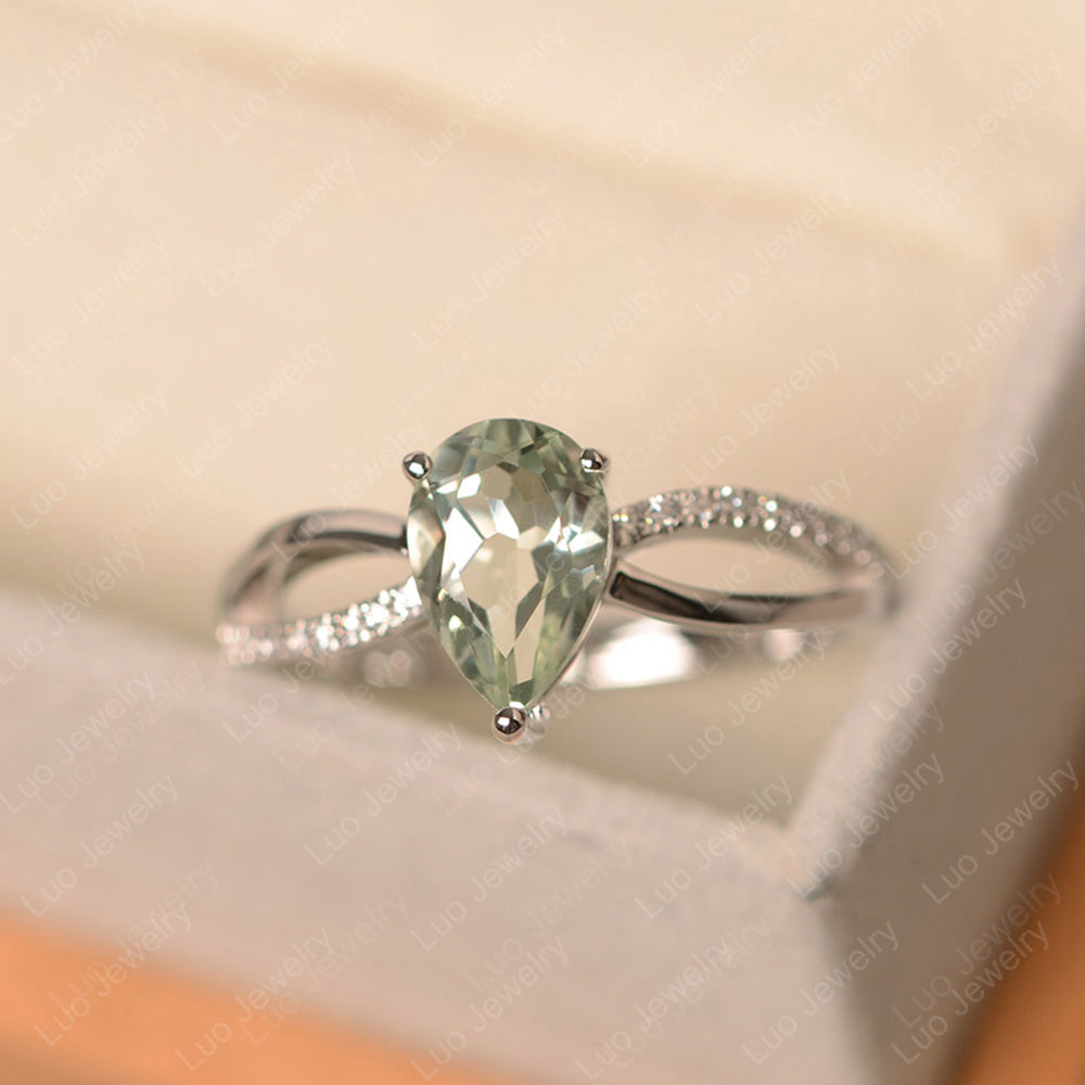 Pear Shaped Green Amethyst Ring Split Shank - LUO Jewelry
