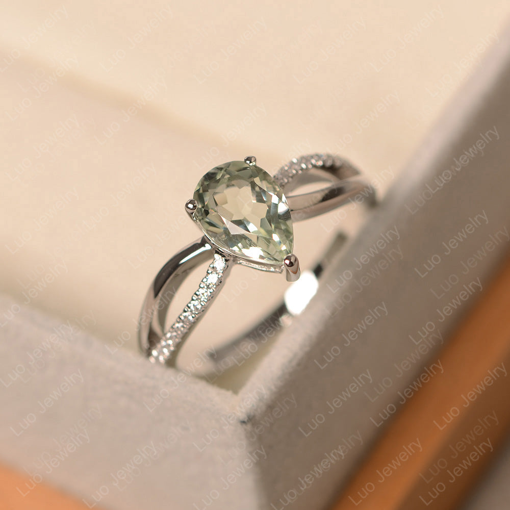 Pear Shaped Green Amethyst Ring Split Shank - LUO Jewelry