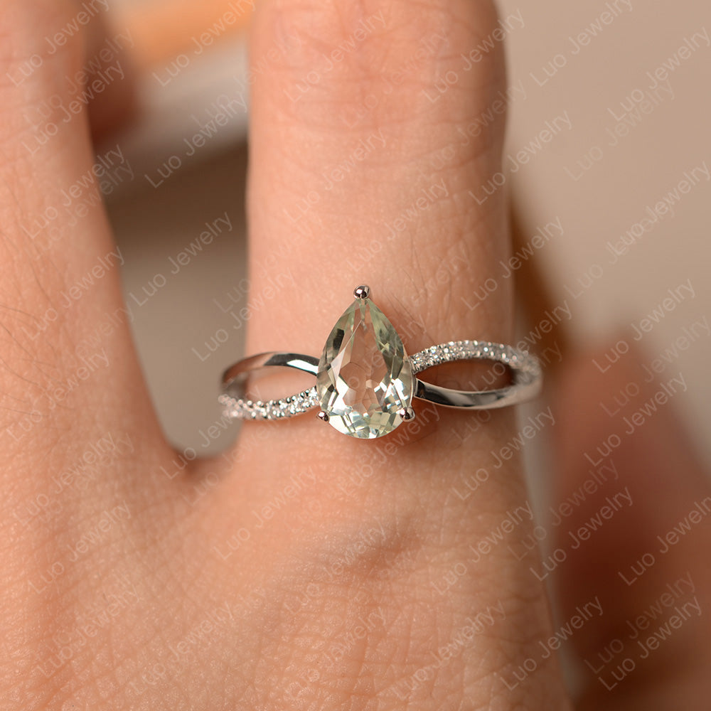 Pear Shaped Green Amethyst Ring Split Shank - LUO Jewelry