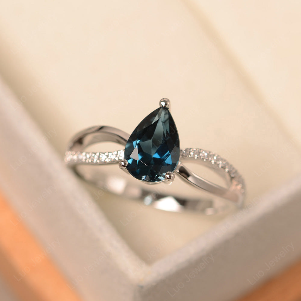 Pear Shaped London Blue Topaz Ring Split Shank - LUO Jewelry