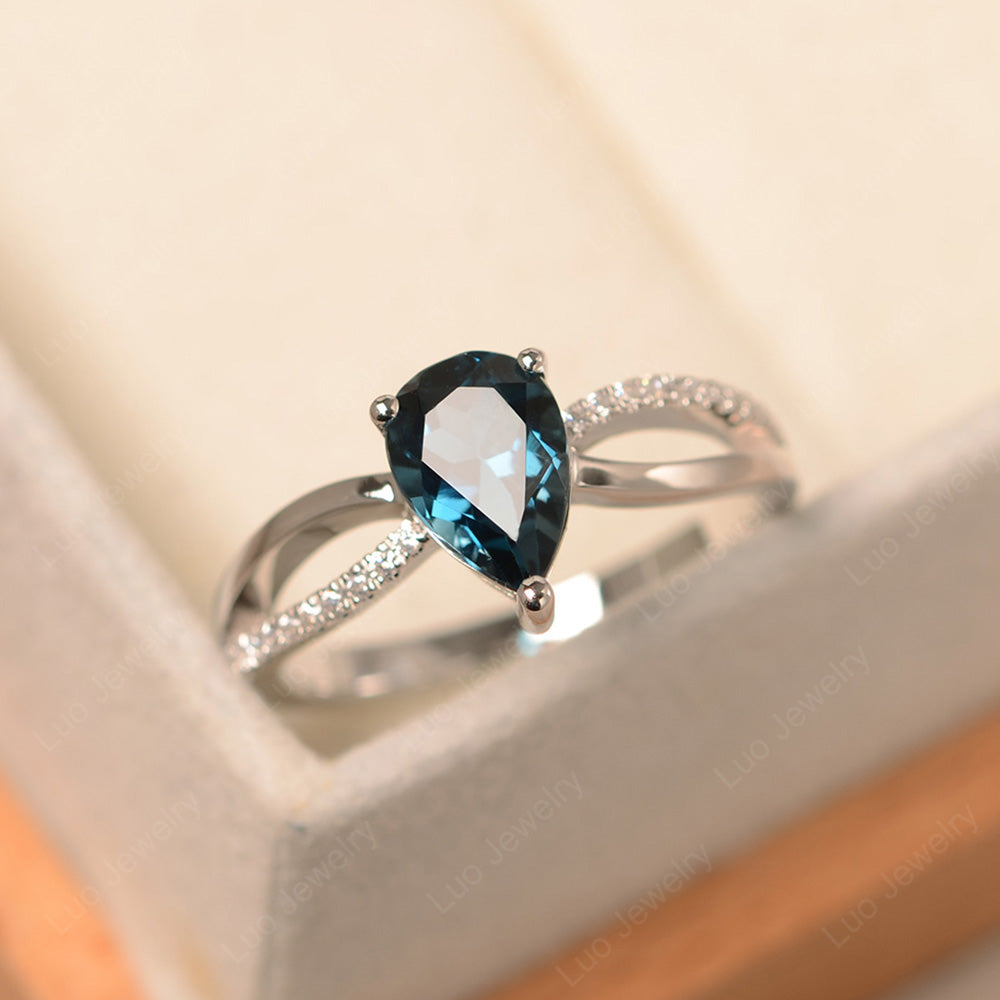 Pear Shaped London Blue Topaz Ring Split Shank - LUO Jewelry