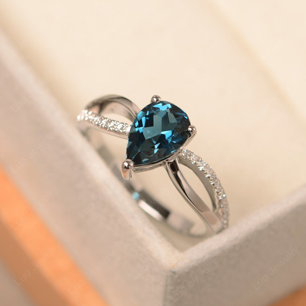 Pear Shaped London Blue Topaz Ring Split Shank - LUO Jewelry