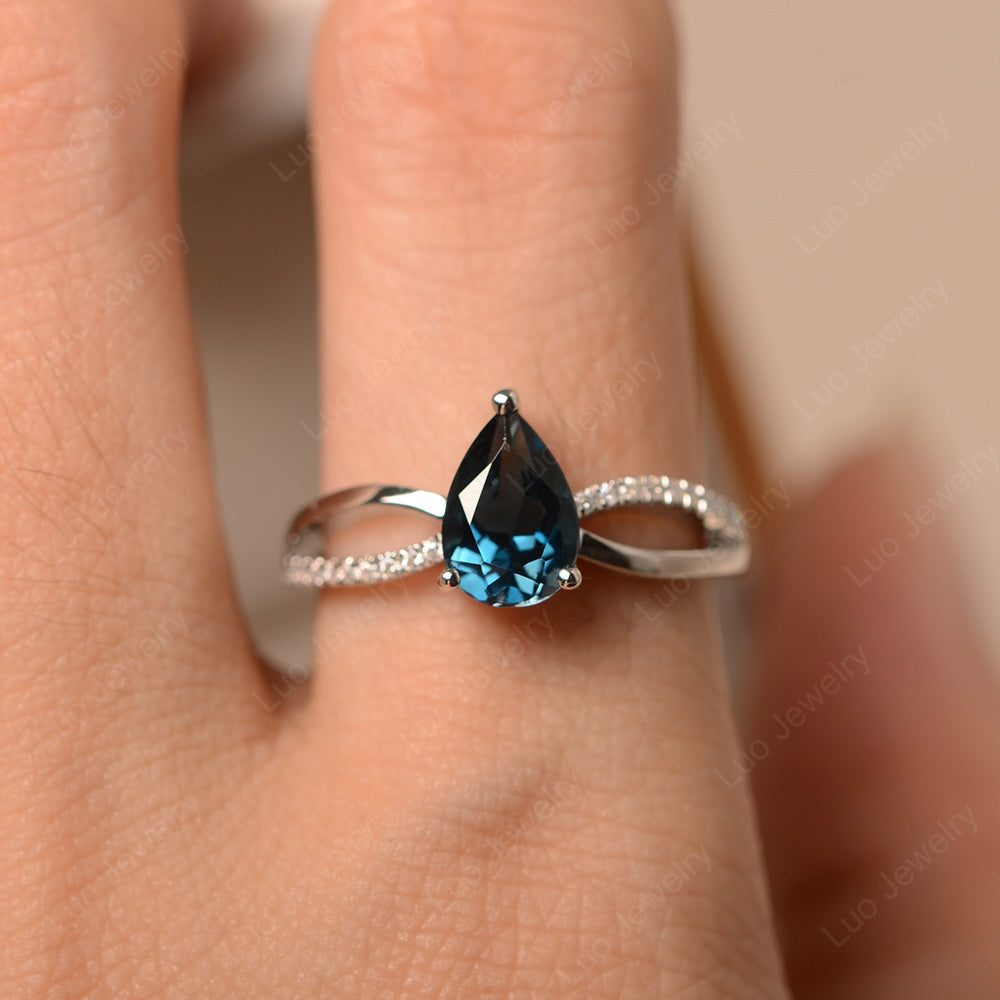 Pear Shaped London Blue Topaz Ring Split Shank - LUO Jewelry