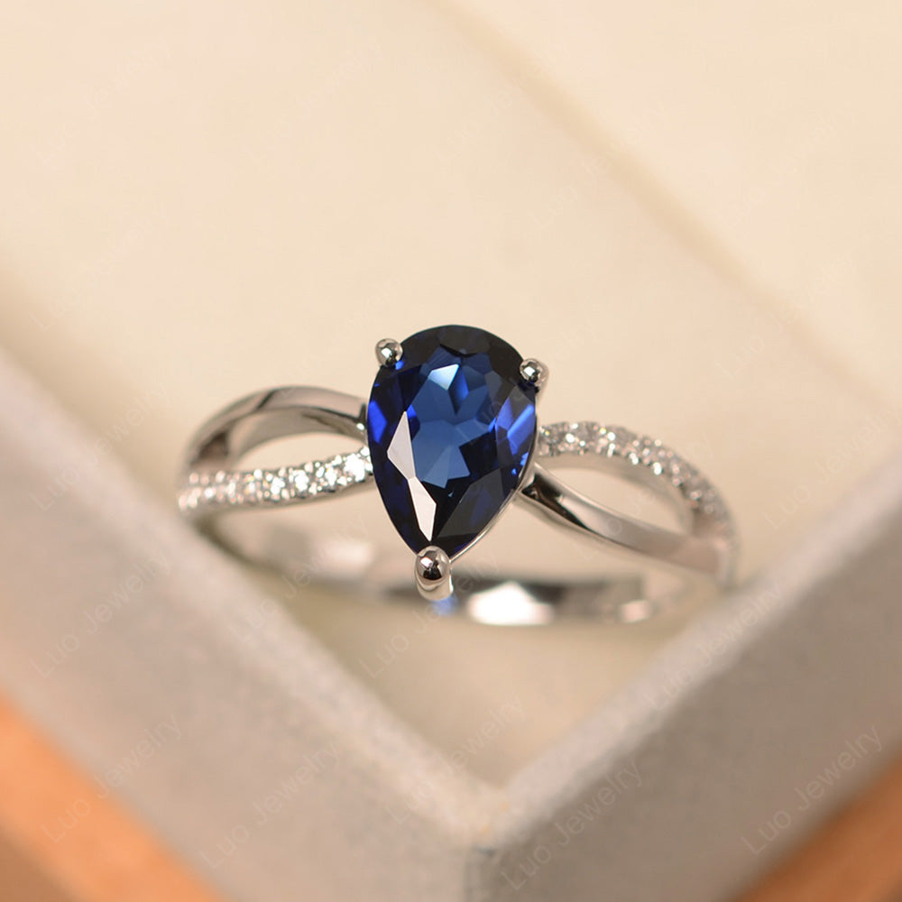 Pear Shaped Lab Sapphire Ring Split Shank - LUO Jewelry