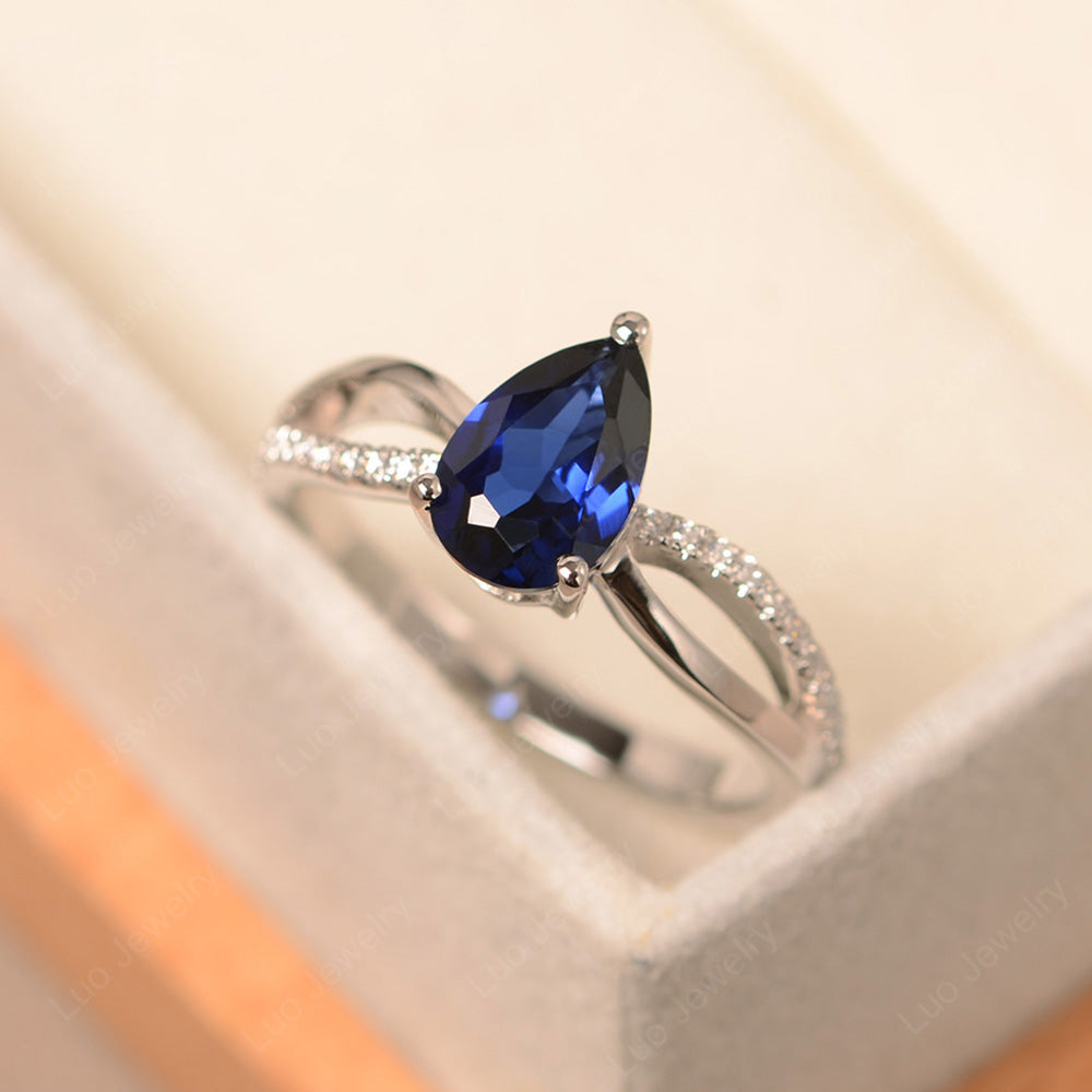 Pear Shaped Lab Sapphire Ring Split Shank - LUO Jewelry