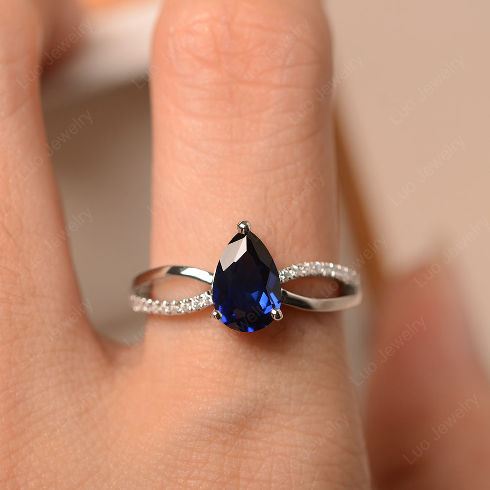 Pear Shaped Lab Sapphire Ring Split Shank - LUO Jewelry