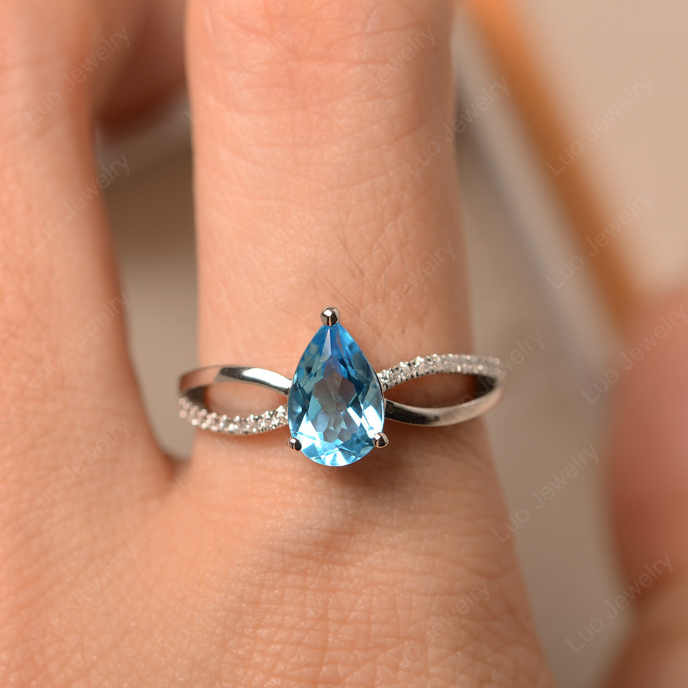 Pear Shaped Swiss Blue Topaz Ring Split Shank - LUO Jewelry