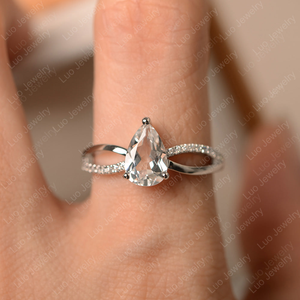 Pear Shaped White Topaz Ring Split Shank - LUO Jewelry