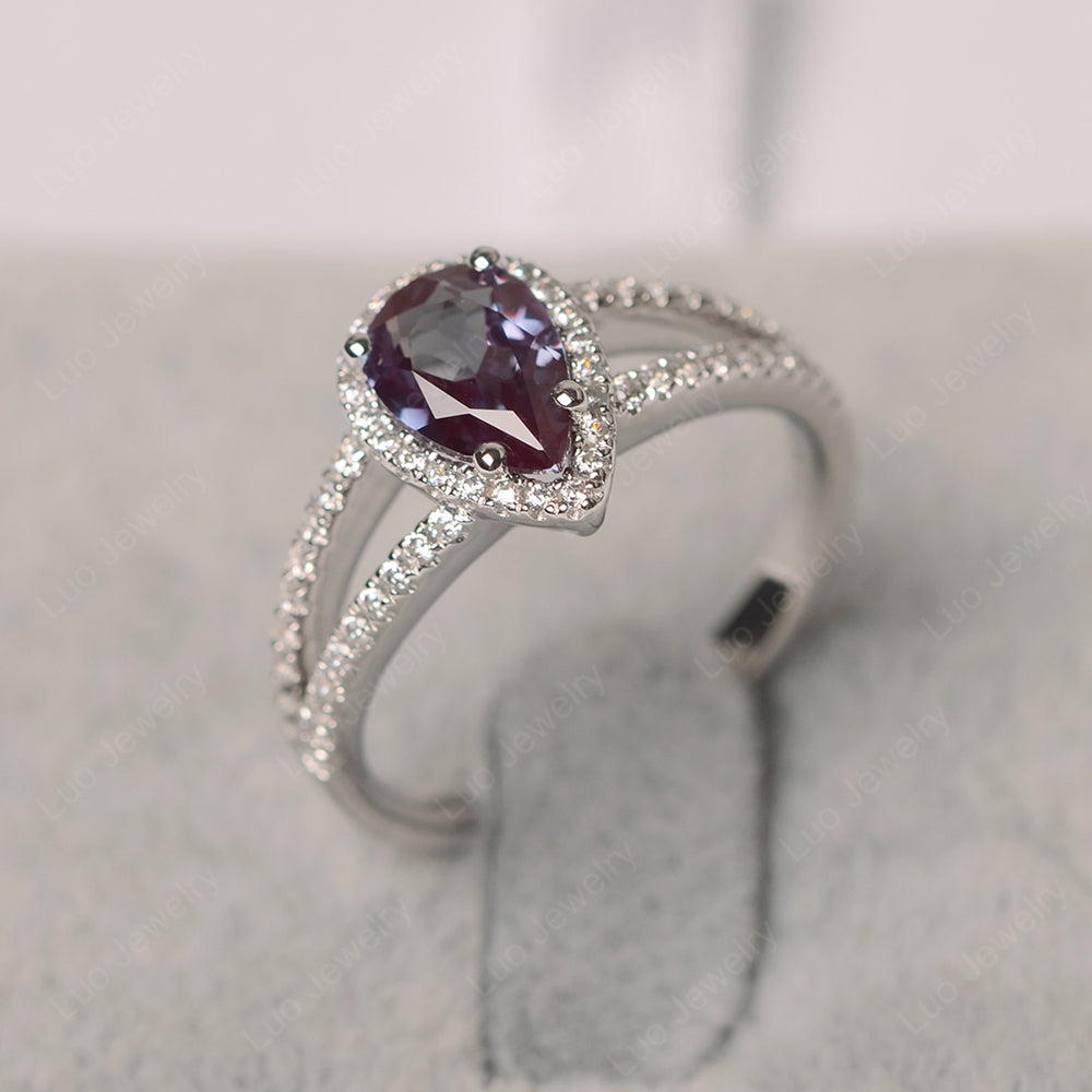 Pear Shaped Alexandrite Halo Split Shank Engagement Ring - LUO Jewelry