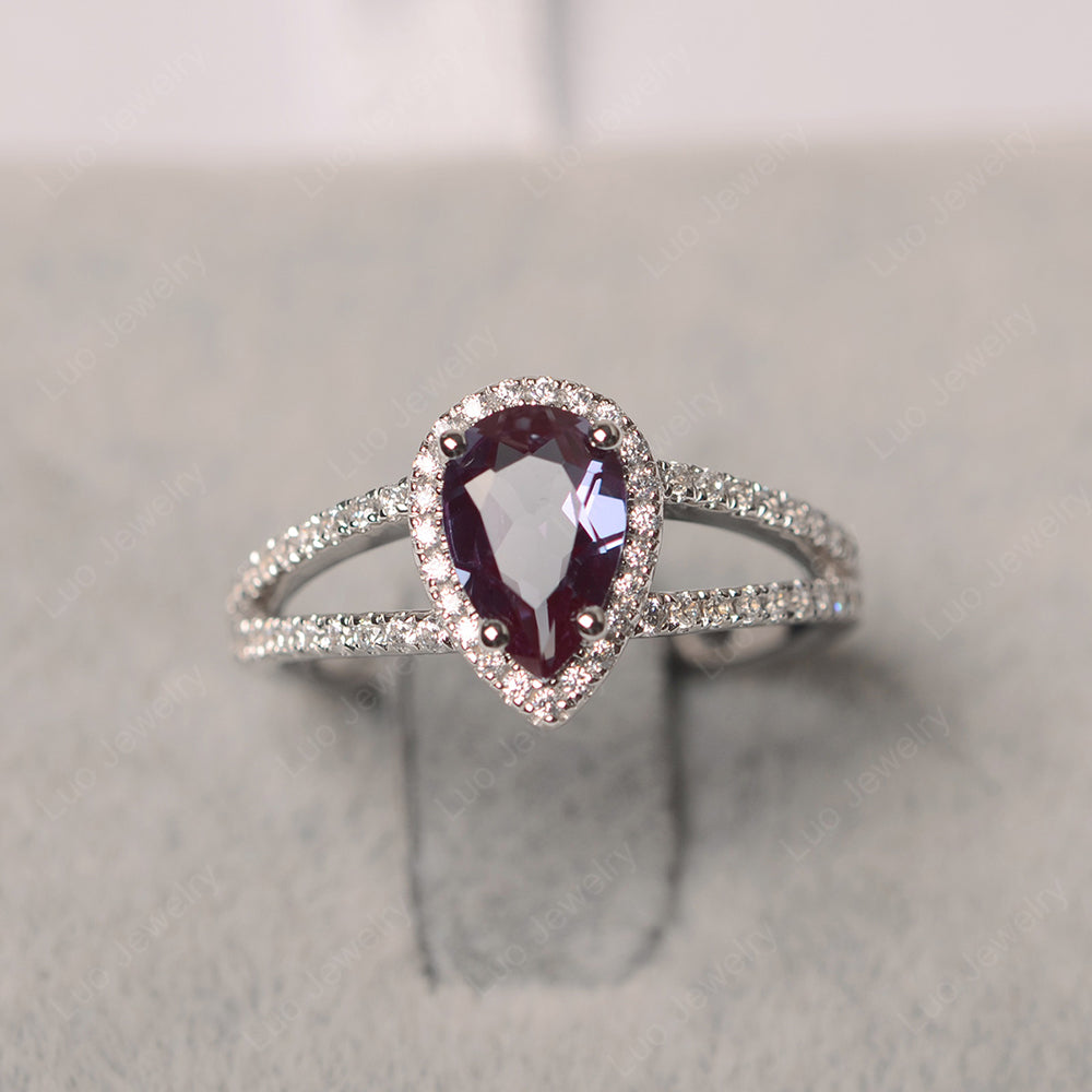 Pear Shaped Alexandrite Halo Split Shank Engagement Ring - LUO Jewelry