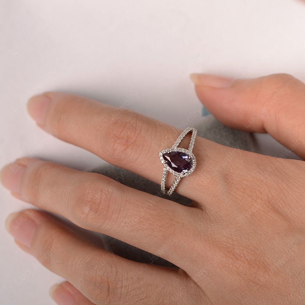 Pear Shaped Alexandrite Halo Split Shank Engagement Ring - LUO Jewelry