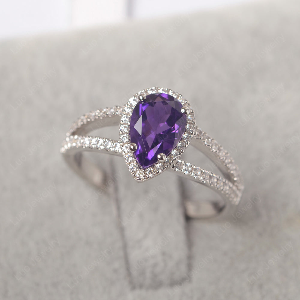 Pear Shaped Amethyst Halo Split Shank Engagement Ring - LUO Jewelry