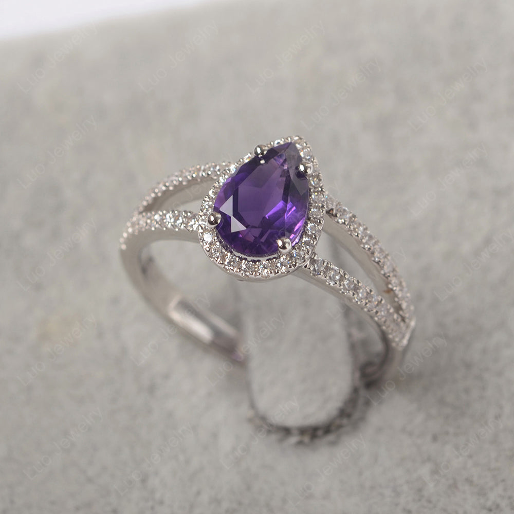 Pear Shaped Amethyst Halo Split Shank Engagement Ring - LUO Jewelry