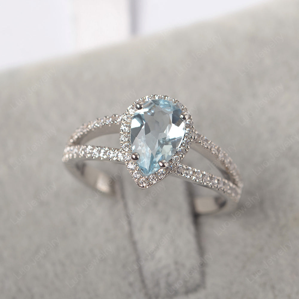Pear Shaped Aquamarine Halo Split Shank Engagement Ring - LUO Jewelry