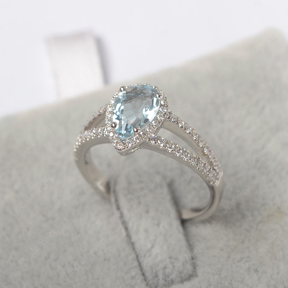 Pear Shaped Aquamarine Halo Split Shank Engagement Ring - LUO Jewelry