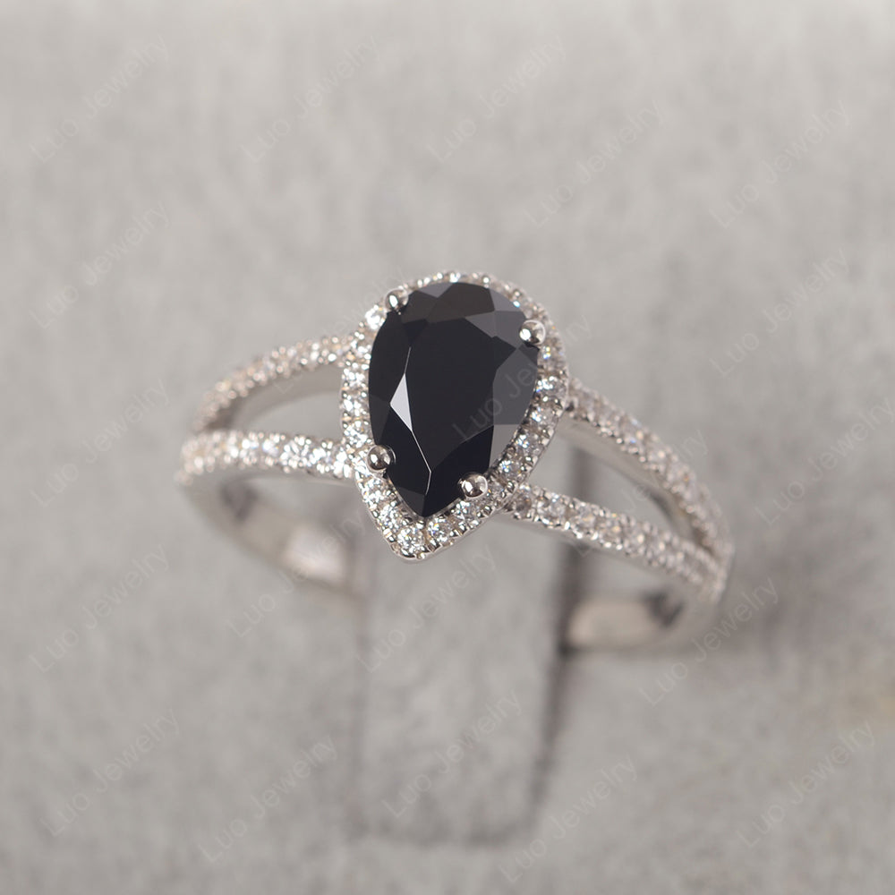 Pear Shaped Black Stone Halo Split Shank Engagement Ring - LUO Jewelry