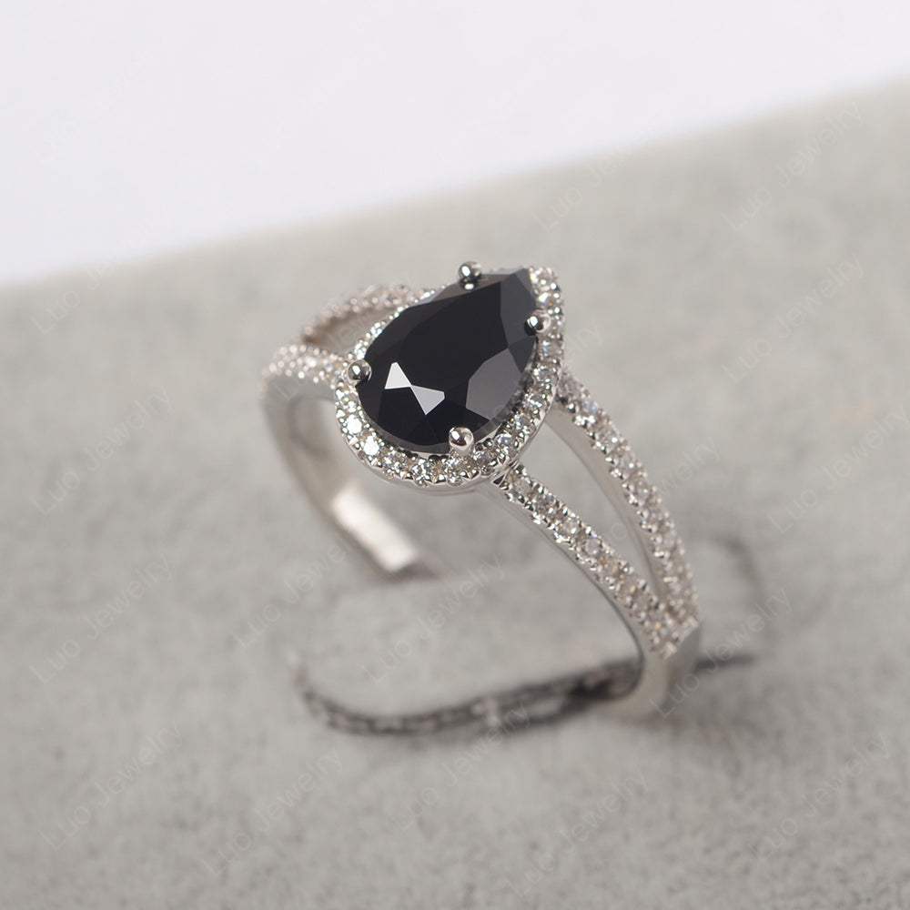 Pear Shaped Black Stone Halo Split Shank Engagement Ring - LUO Jewelry