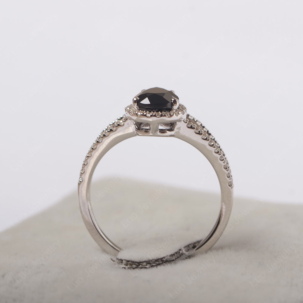 Pear Shaped Black Stone Halo Split Shank Engagement Ring - LUO Jewelry