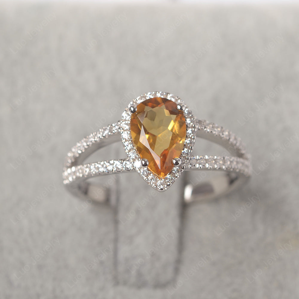 Pear Shaped Citrine Halo Split Shank Engagement Ring - LUO Jewelry