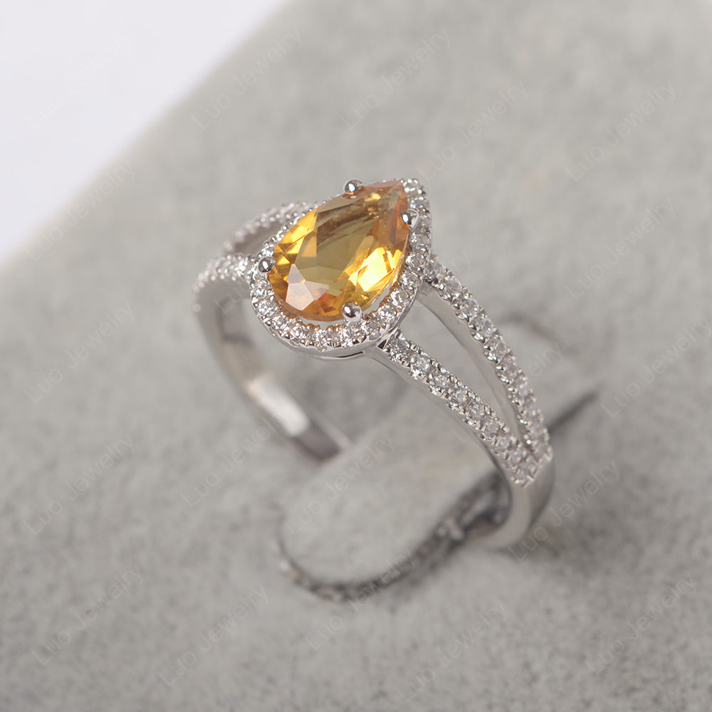 Pear Shaped Citrine Halo Split Shank Engagement Ring - LUO Jewelry