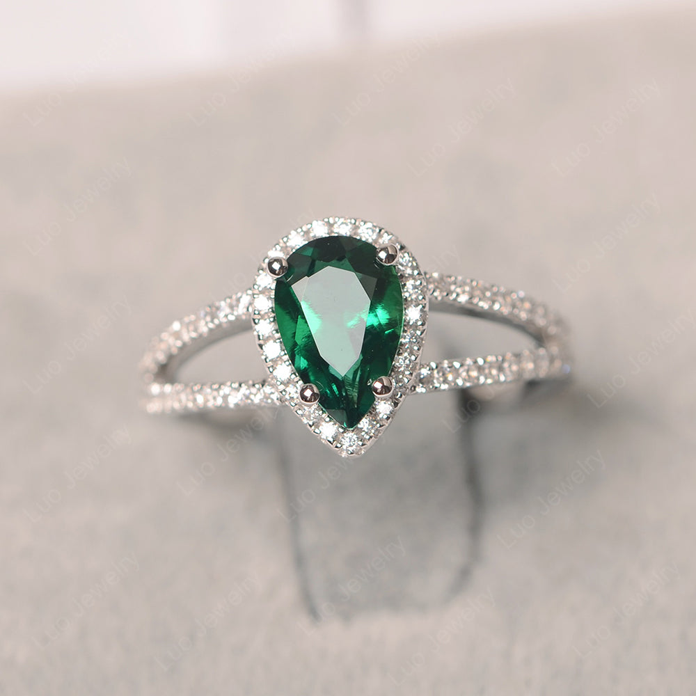 Pear Shaped Lab Emerald Halo Split Shank Engagement Ring - LUO Jewelry